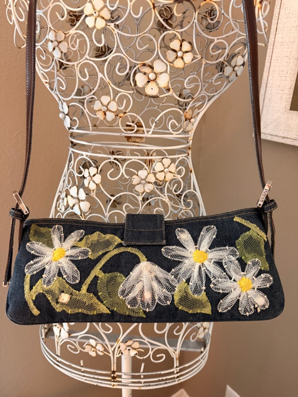 Fendi Baguette AUTHENTIC Vintage Denim Floral Daisy Appliqué - Picture 6 of 11